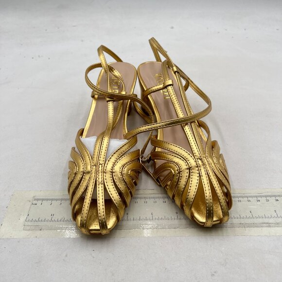 miss left Gold Caged Toe Chunky Mid Heel Cutout Sandals Strappy Ankle Strap Shoe - Picture 3 of 8